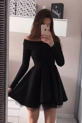 A Line Homecoming Dresses Long Sleeve Off the Shoulder Satin Short