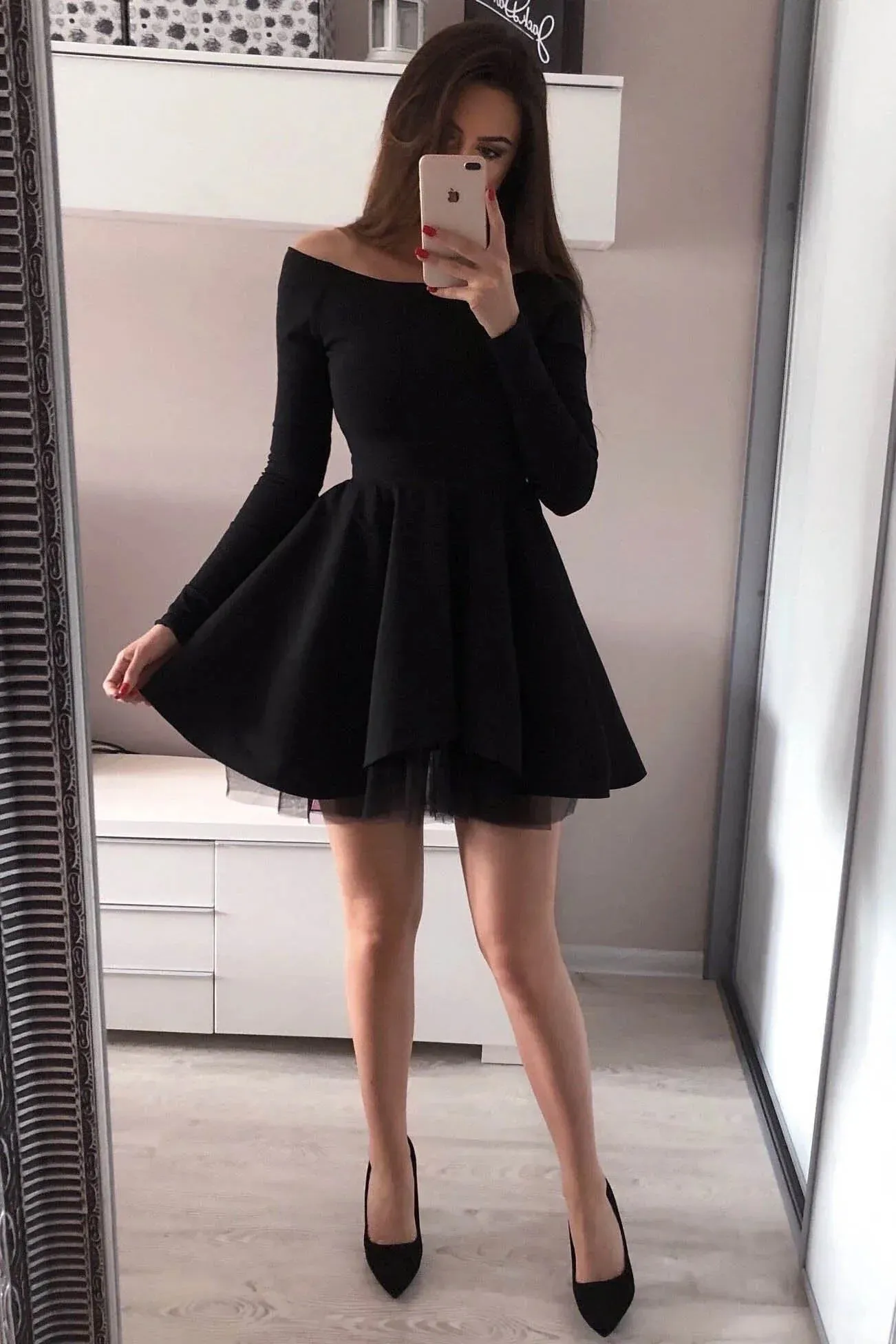 A Line Homecoming Dresses Long Sleeve Off the Shoulder Satin Short