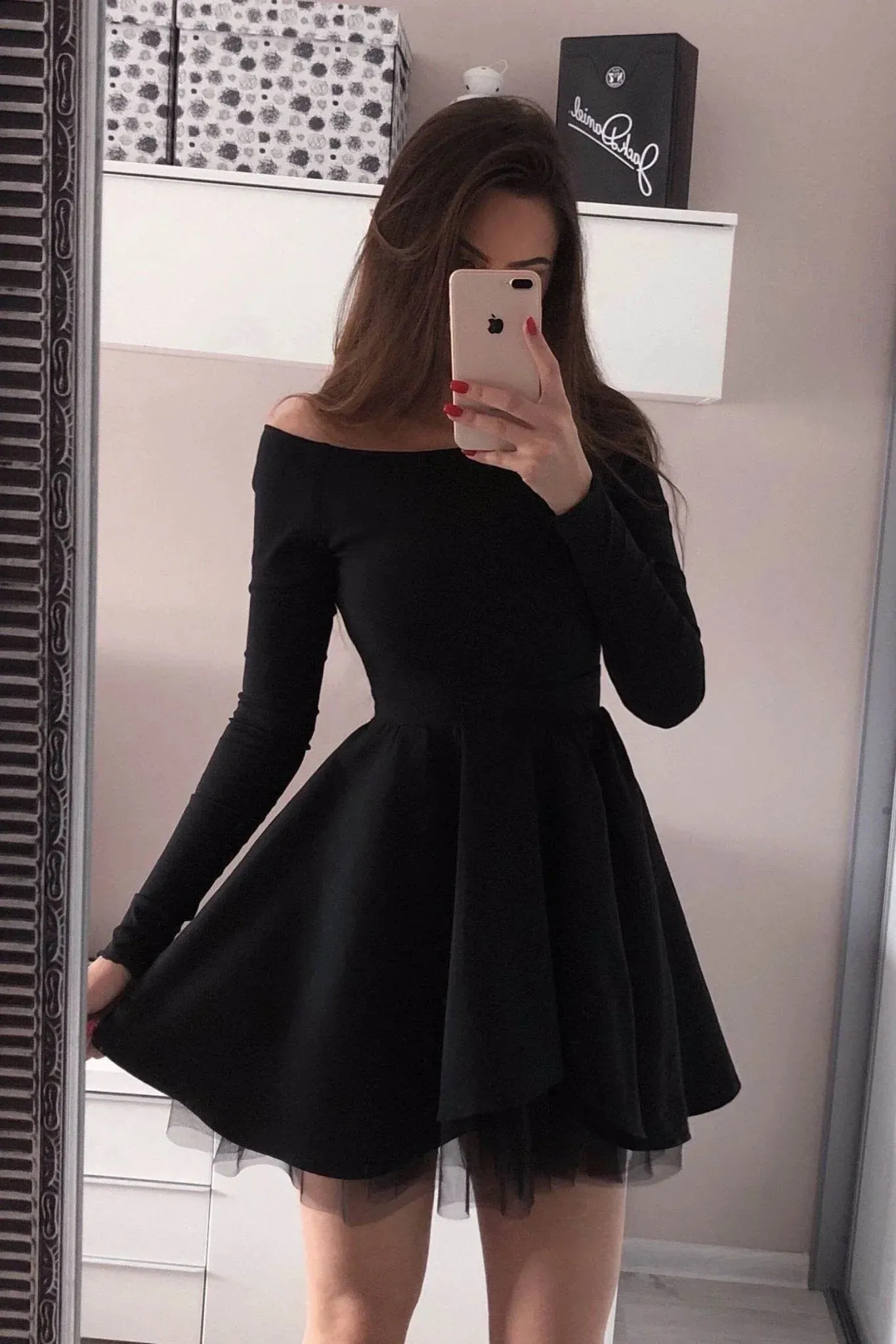 A Line Homecoming Dresses Long Sleeve Off the Shoulder Satin Short
