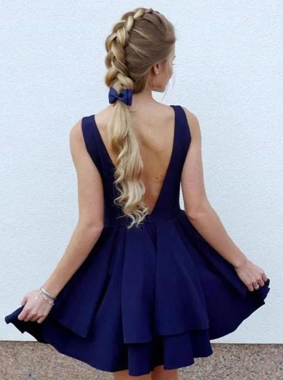 A Line Homecoming Dresses V Neck Above Knee V Back Short Cute Mini