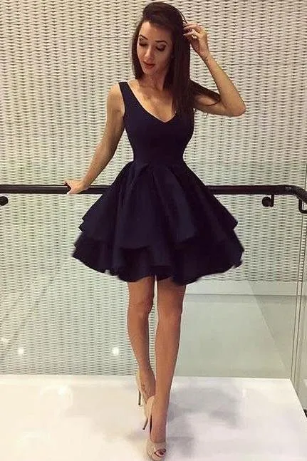A Line Homecoming Dresses V Neck Above Knee V Back Short Cute Mini