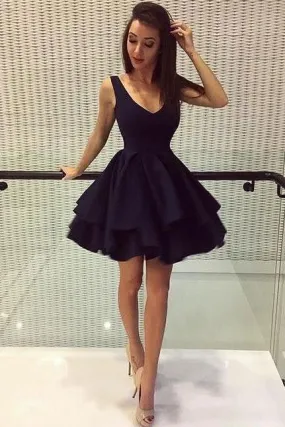 A Line Homecoming Dresses V Neck Above Knee V Back Short Cute Mini
