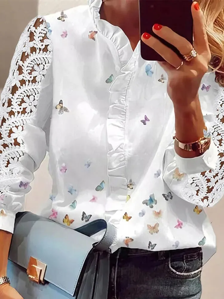 Aria - Elegant Lace Trim V-Neck Blouse for Women