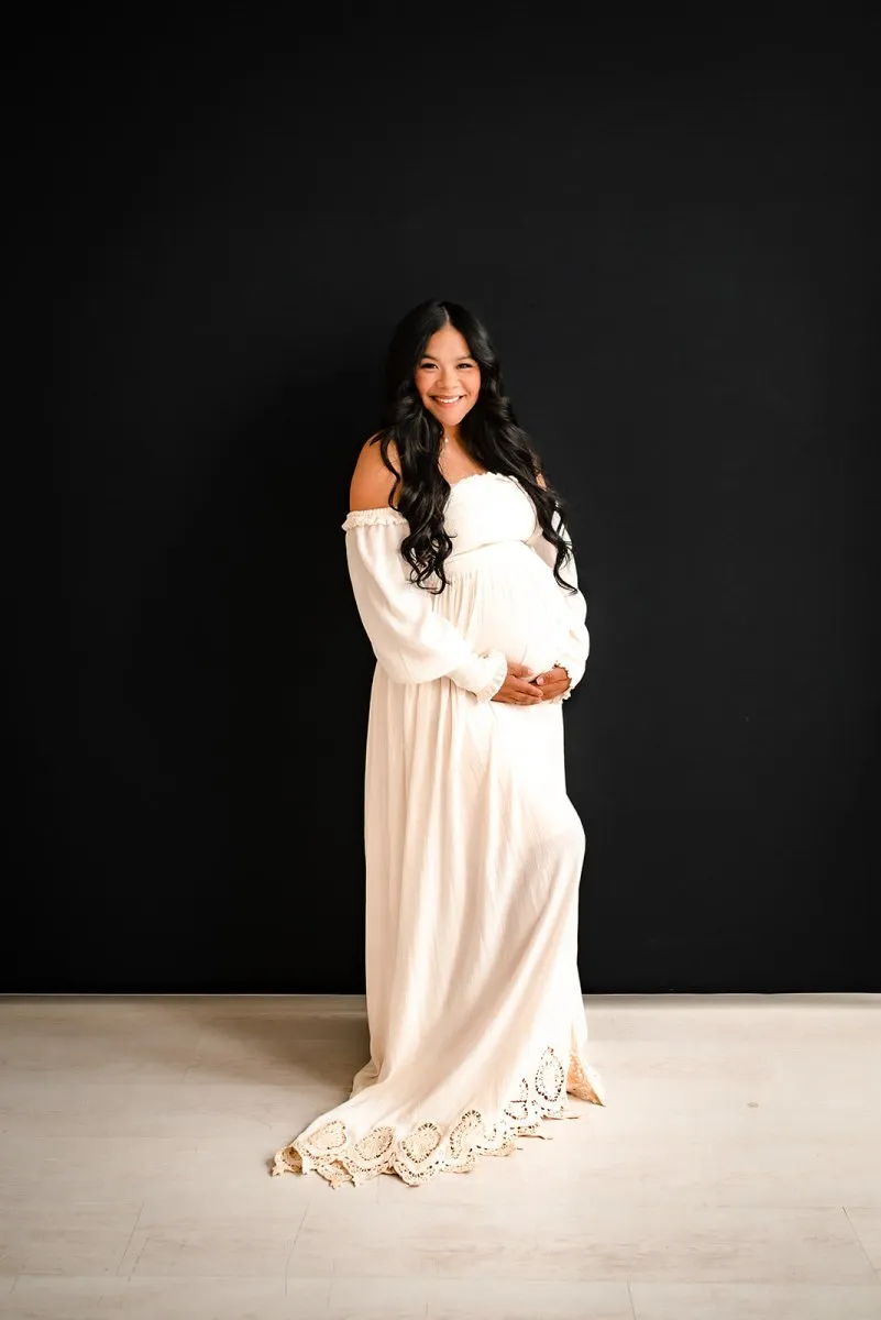 Birdie Boho Maternity Crop Top | Vintage Cream, Smocked, Long Sleeve, One Size