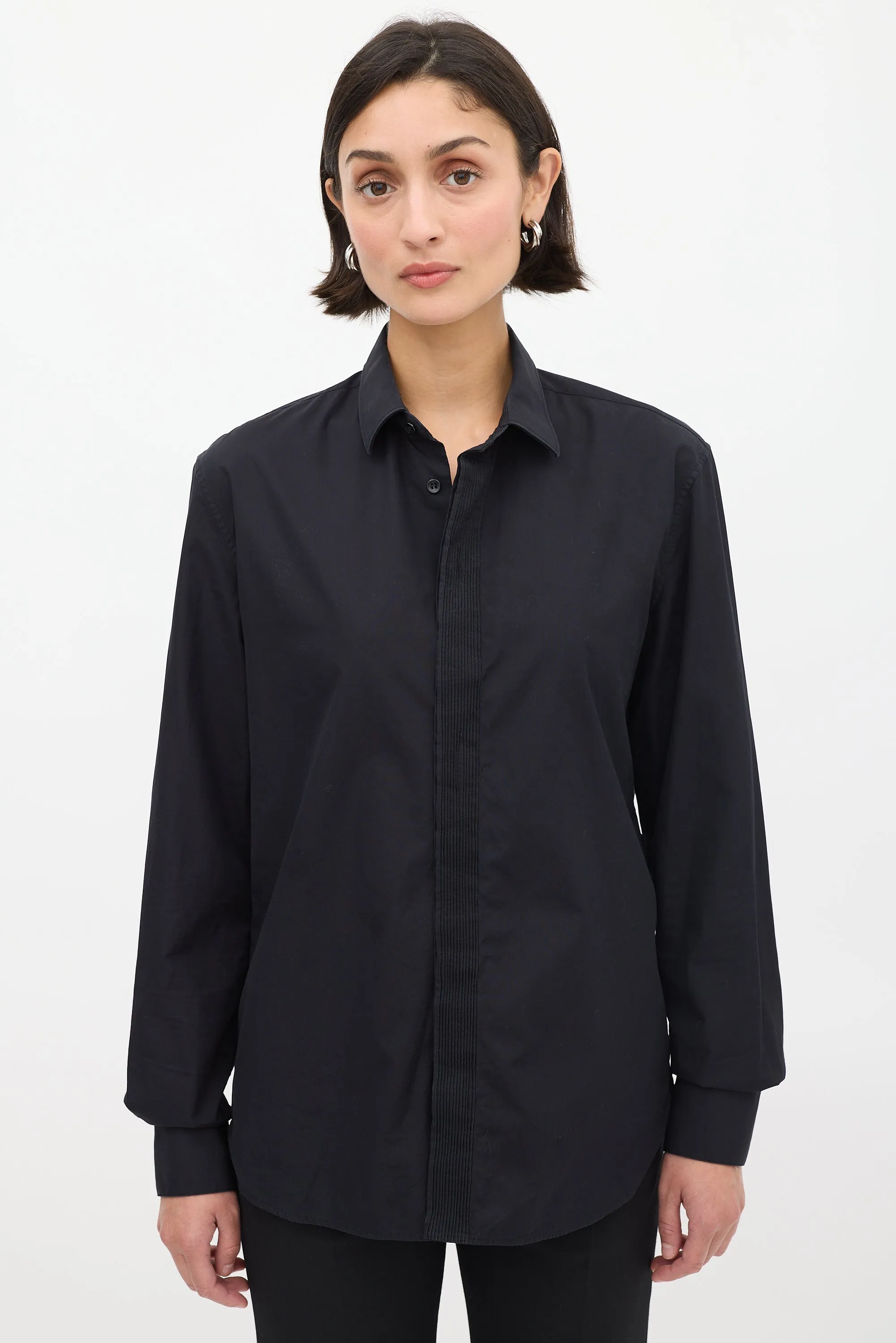 Black Cotton Pleated Placket Shirt