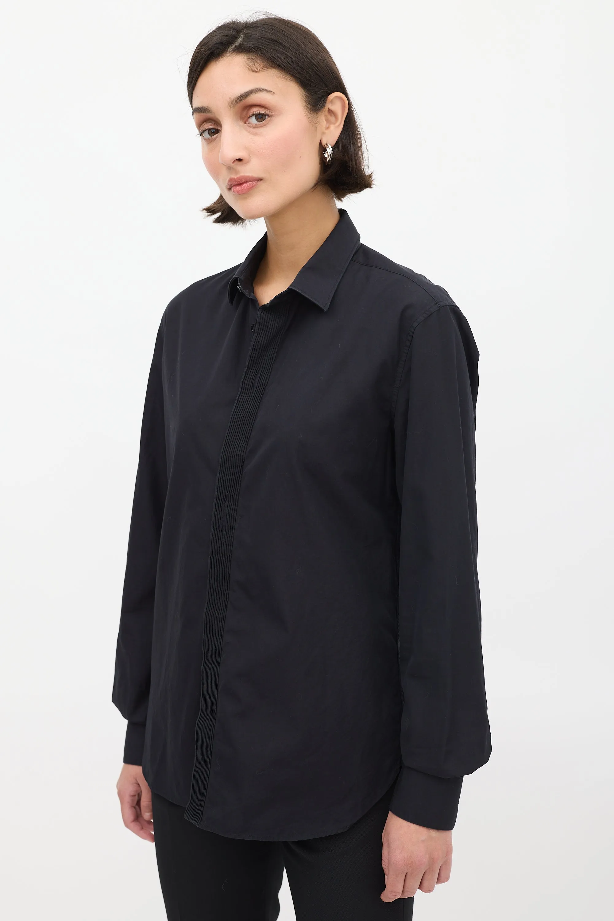 Black Cotton Pleated Placket Shirt