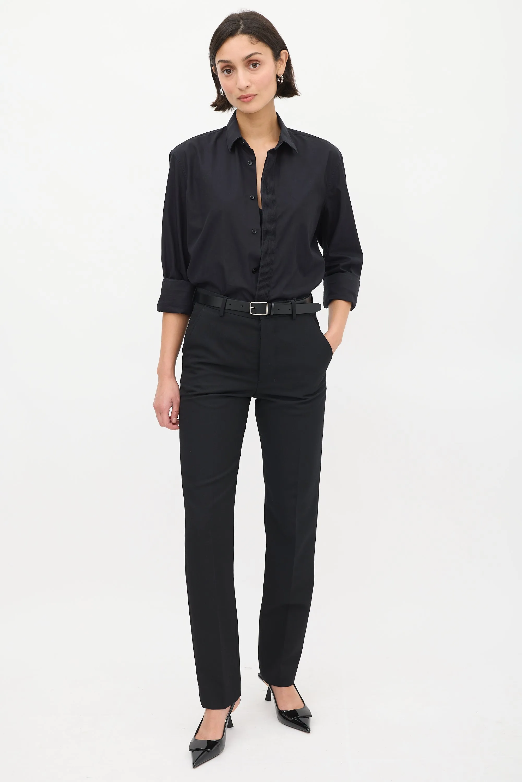 Black Cotton Pleated Placket Shirt