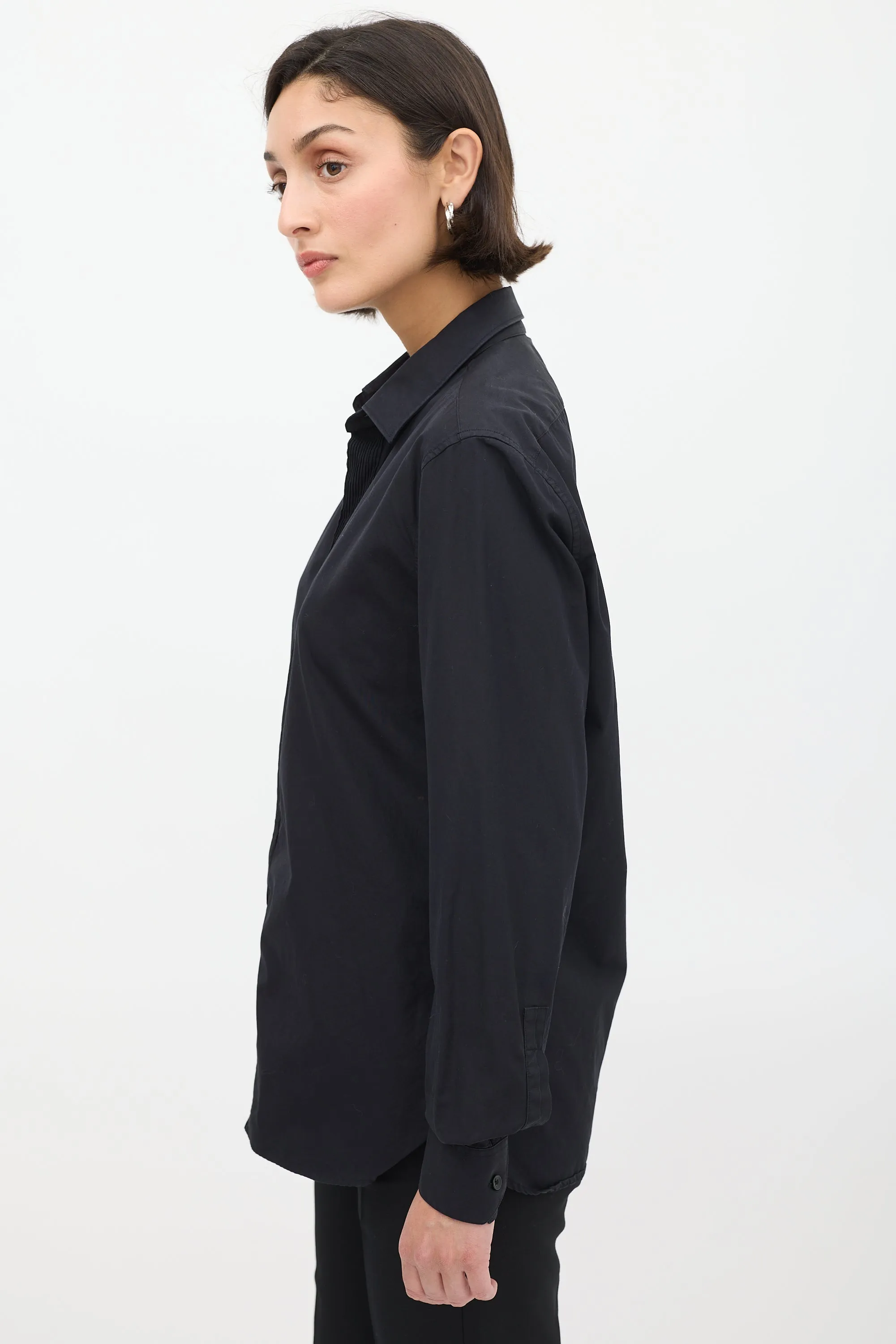 Black Cotton Pleated Placket Shirt