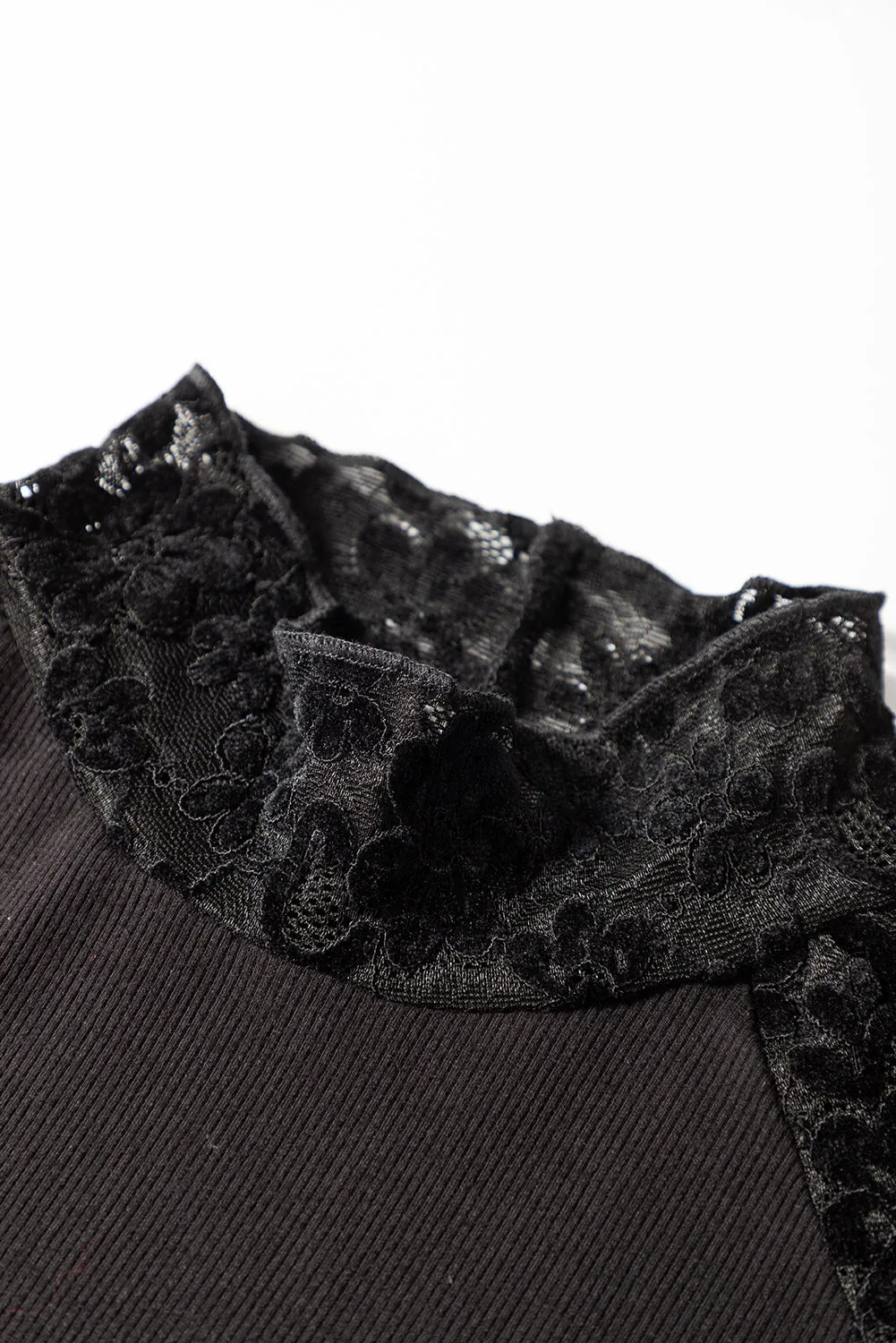 Black Floral Lace Patchwork Long Sleeve Slim Top