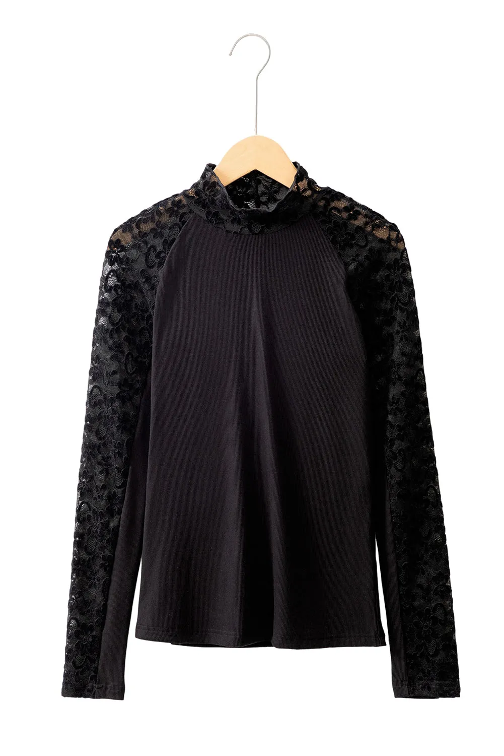 Black Floral Lace Patchwork Long Sleeve Slim Top