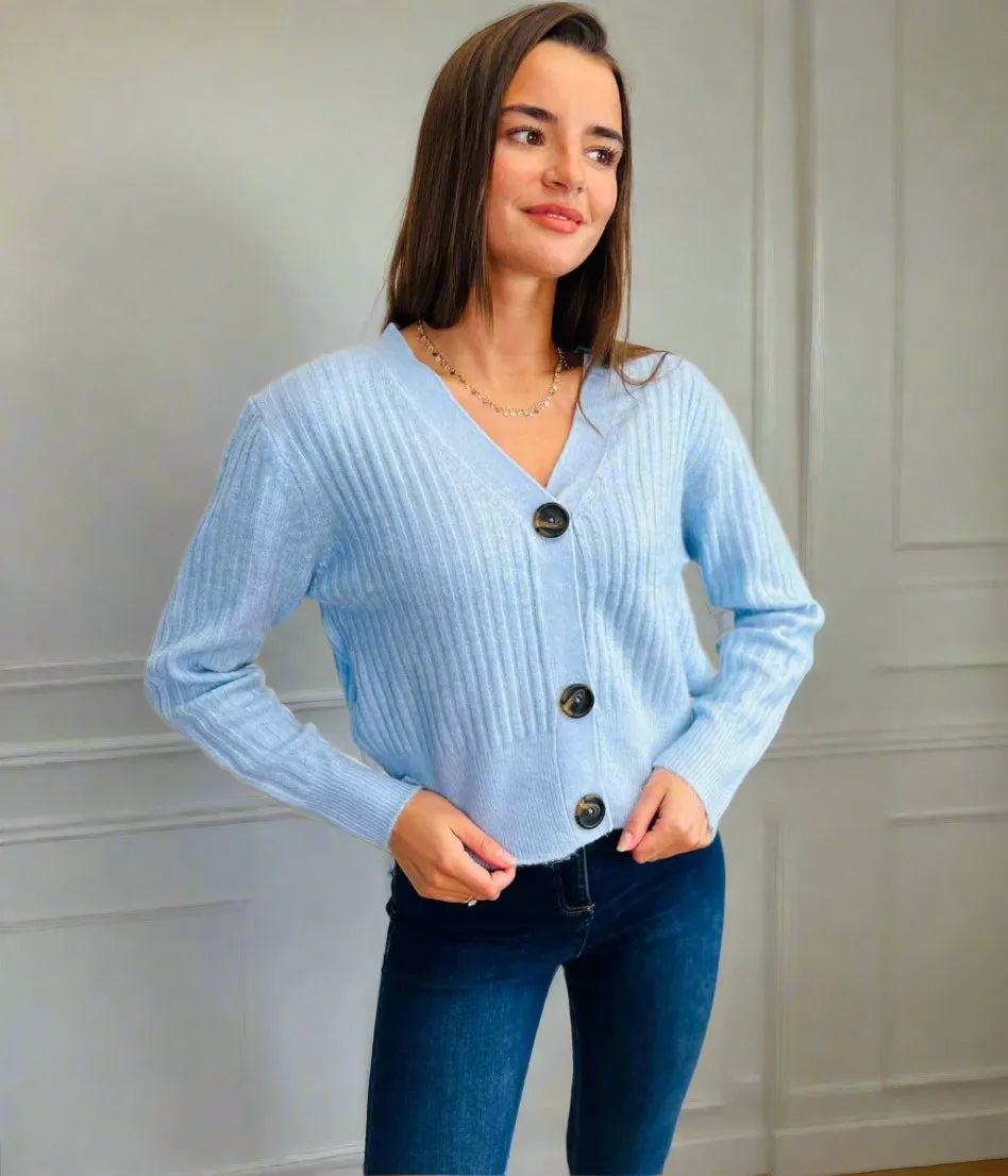 Blue Ribbed Knit Button Cardigan