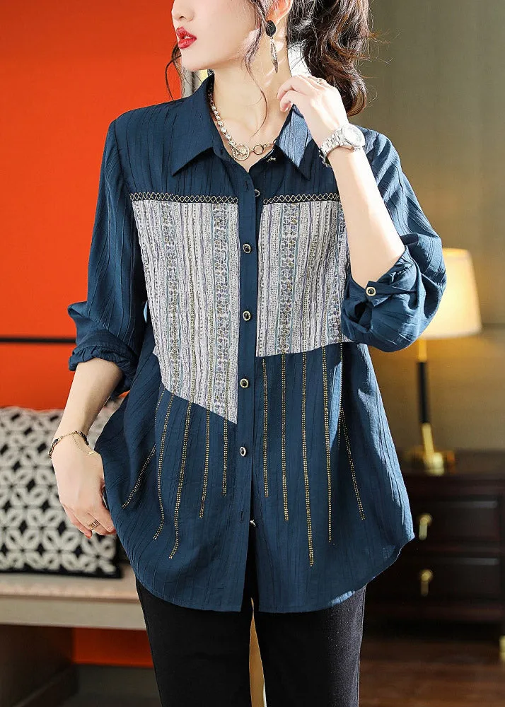 Chic Navy Peter Pan Collar Print Patchwork Button T Shirts Long Sleeve LY1515