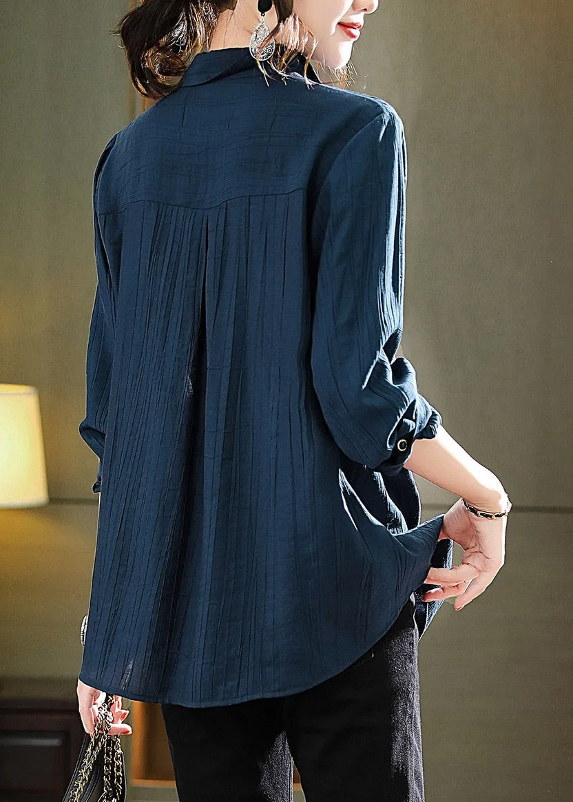 Chic Navy Peter Pan Collar Print Patchwork Button T Shirts Long Sleeve LY1515
