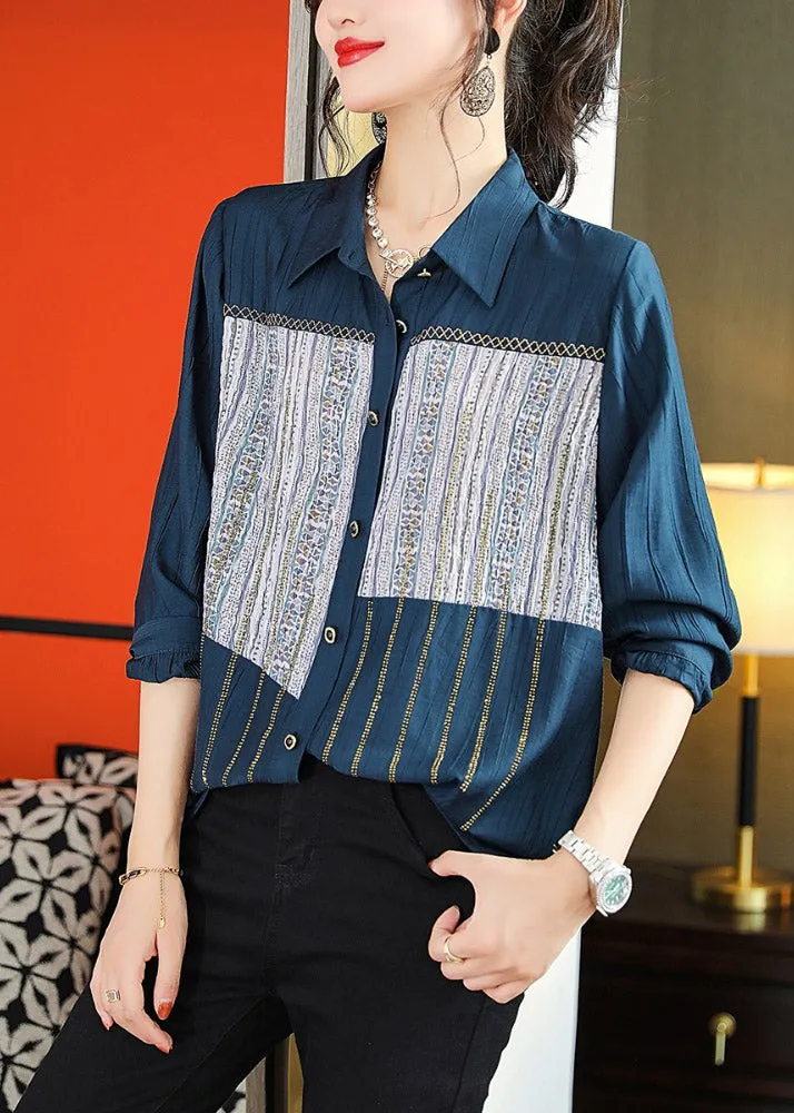 Chic Navy Peter Pan Collar Print Patchwork Button T Shirts Long Sleeve LY1515