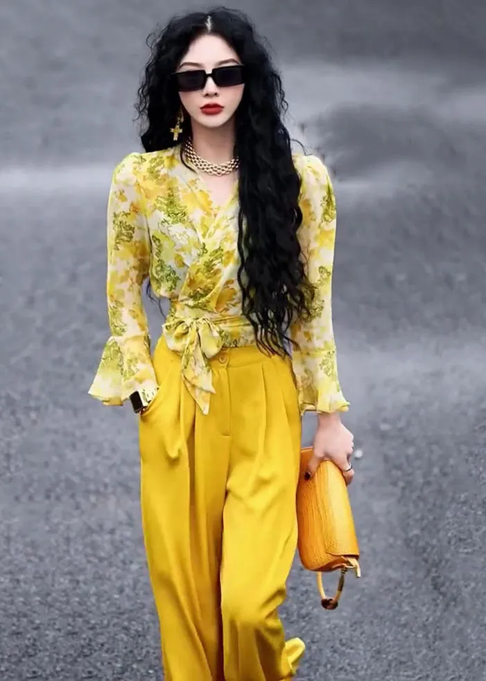 Chic Yellow V Neck Print Chiffon Shirts And Wide Leg Pants Two Pieces Set Fall ML1579