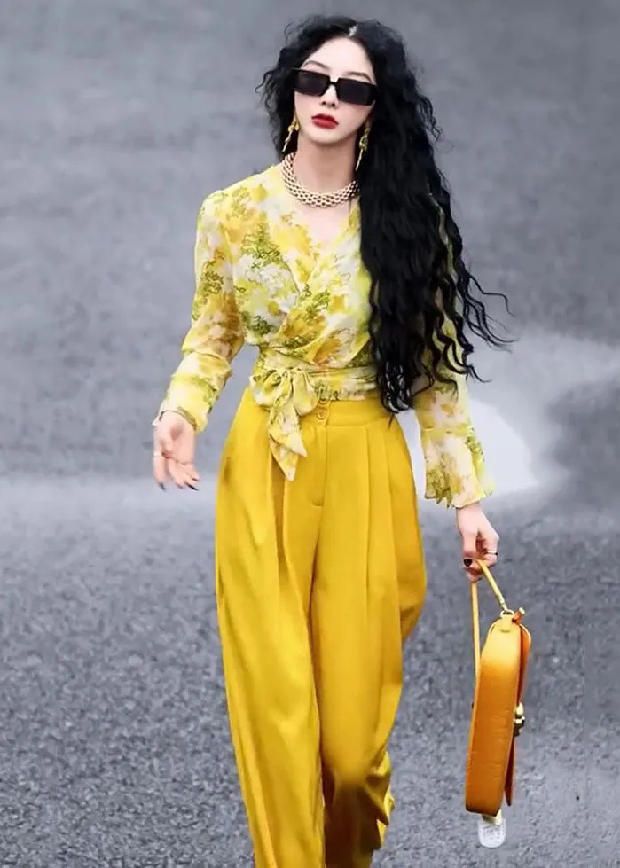 Chic Yellow V Neck Print Chiffon Shirts And Wide Leg Pants Two Pieces Set Fall ML1579
