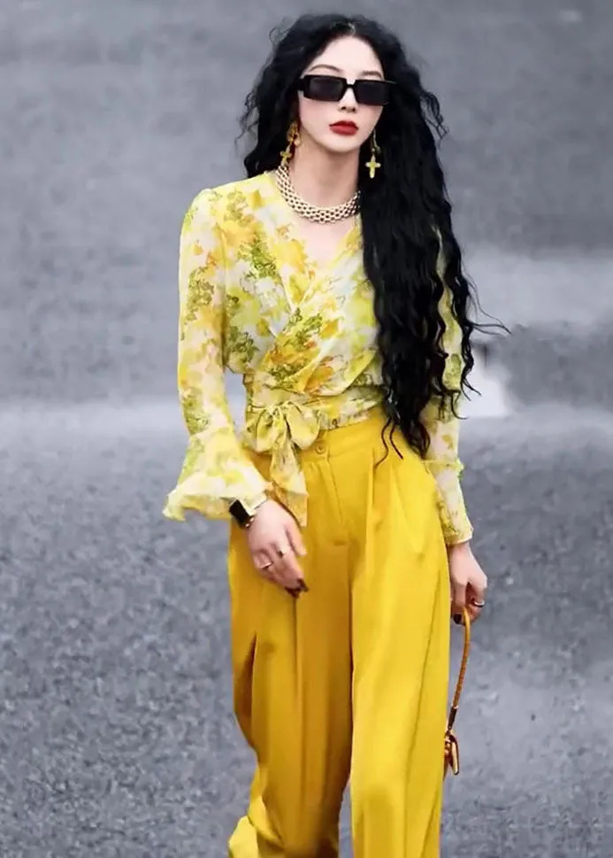 Chic Yellow V Neck Print Chiffon Shirts And Wide Leg Pants Two Pieces Set Fall ML1579