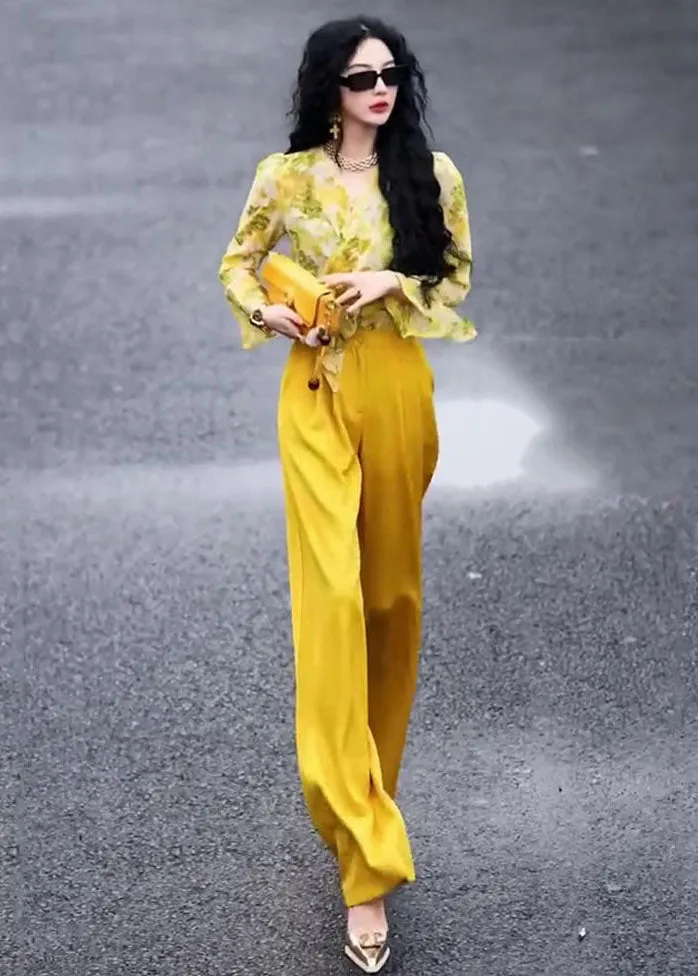Chic Yellow V Neck Print Chiffon Shirts And Wide Leg Pants Two Pieces Set Fall ML1579