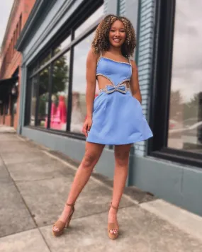 Cute Blue Straps Satin Cutout Homecoming Dress Short Cocktail Dresses Sexy