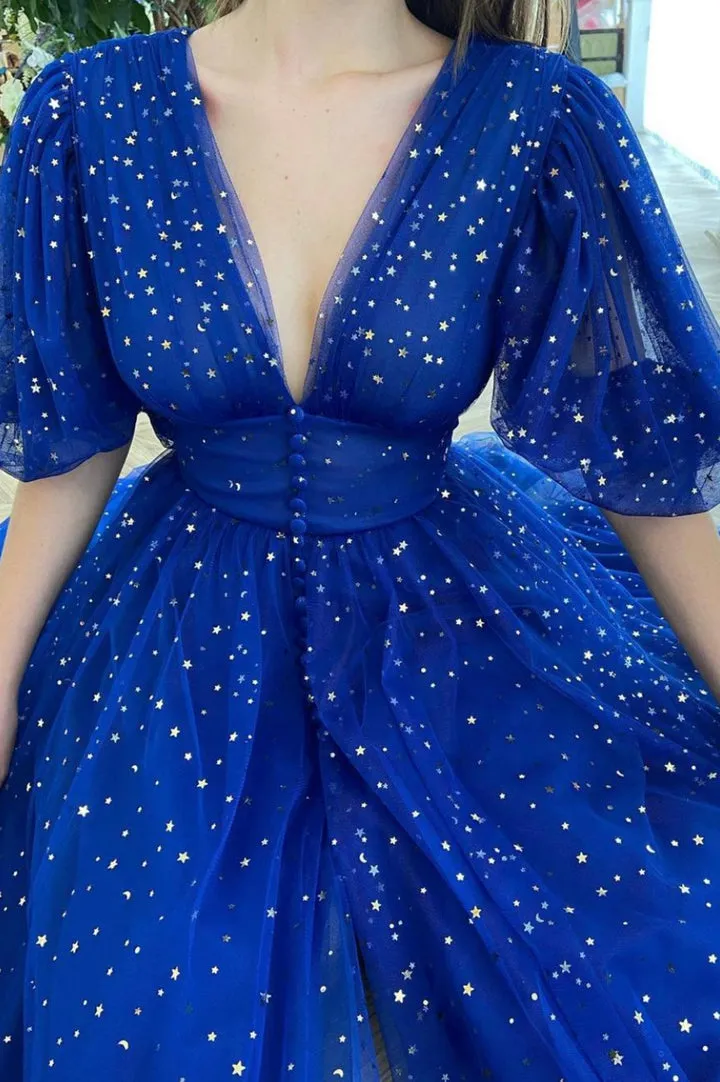 Cute V-Neck Tulle Short Prom Dresses A-Line Graduation Homecoming Dresses Sparkly