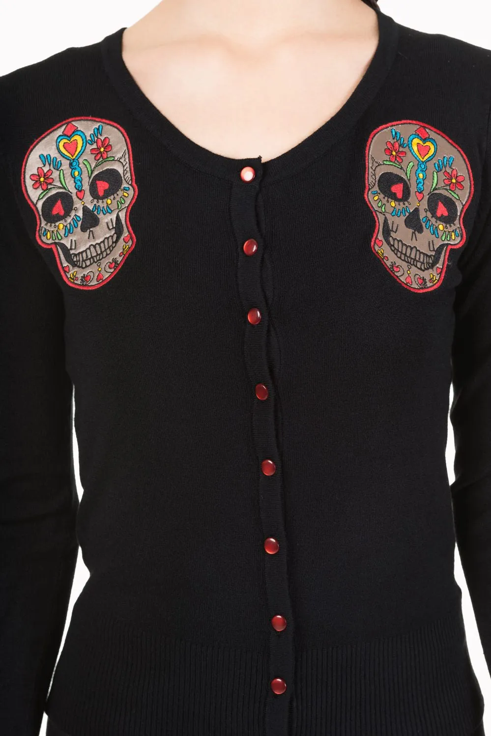 Day of the Dead Flower Heart Sugar Skull Embroidery Black Sweater Cardigan