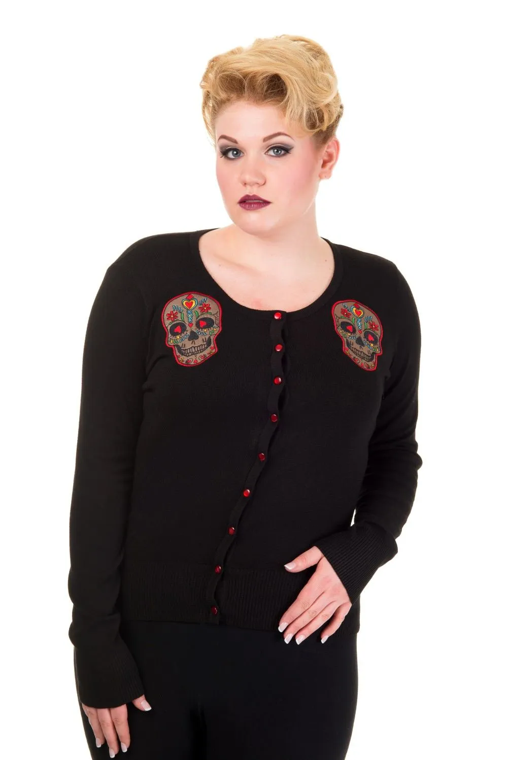 Day of the Dead Flower Heart Sugar Skull Embroidery Black Sweater Cardigan