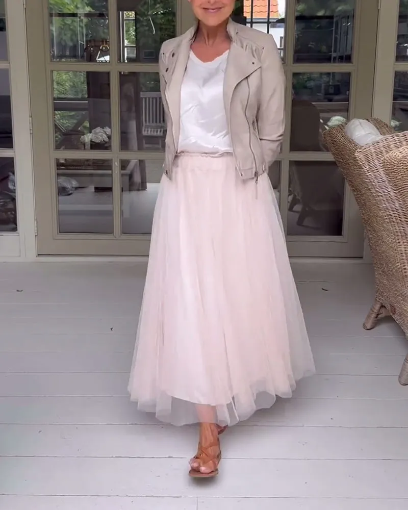 Elastic waist elegant solid color skirt