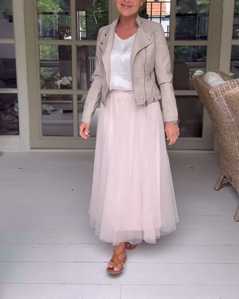 Elastic waist elegant solid color skirt