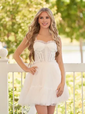 Elegant Homecoming Dresses Spaghetti Straps Tulle Lace Appliques Short Prom Dresses With Bow
