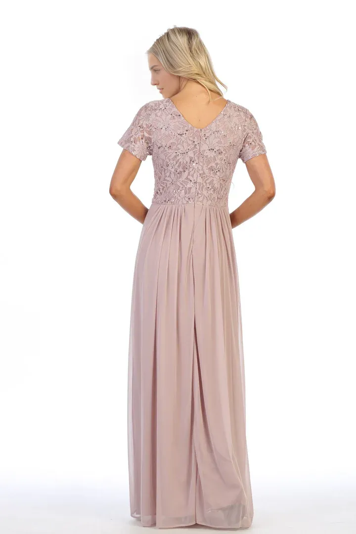 Elegant Mother Of Bride Dresses Long Lace Bodice Dress with Short Sleeves Gowns Evening Dresses