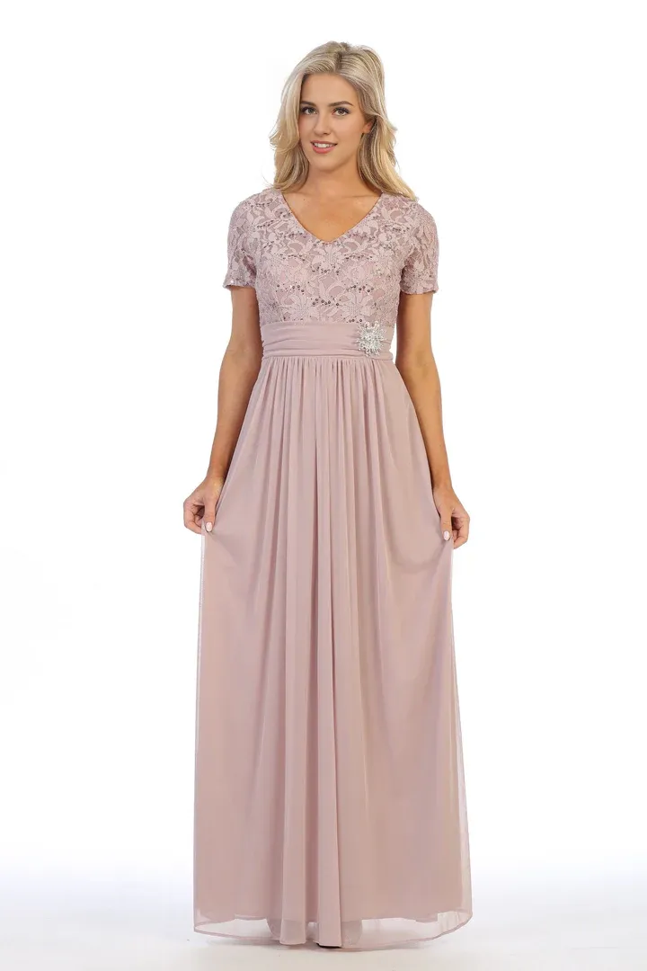 Elegant Mother Of Bride Dresses Long Lace Bodice Dress with Short Sleeves Gowns Evening Dresses