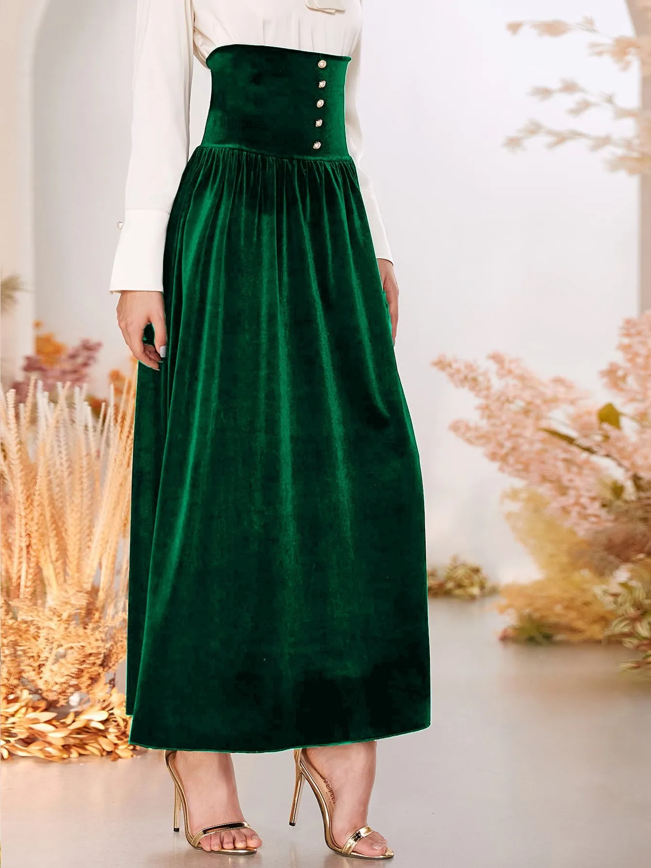 Elegant Plain Button High Waist Long Women Skirt