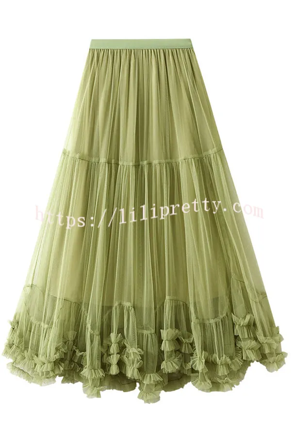 Elegant Tulle Stretch Waist Paneled Pleated Maxi Skirt