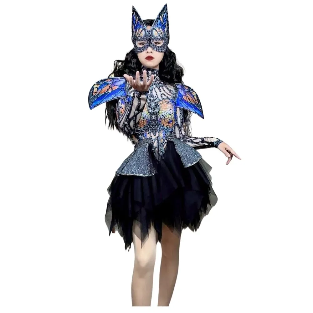 Female Stretch Slim Mask Performance Costumes Long Sleeve Elastic Dress Festival Celebration Suits Party Show Skirts
