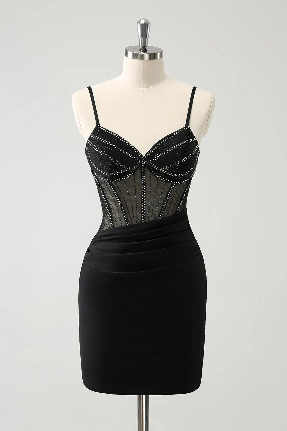Glitter Black Tight Short Spaghetti Straps Corset Homecoming Dresses Sexy Party Dress