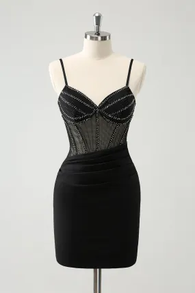 Glitter Black Tight Short Spaghetti Straps Corset Homecoming Dresses Sexy Party Dress
