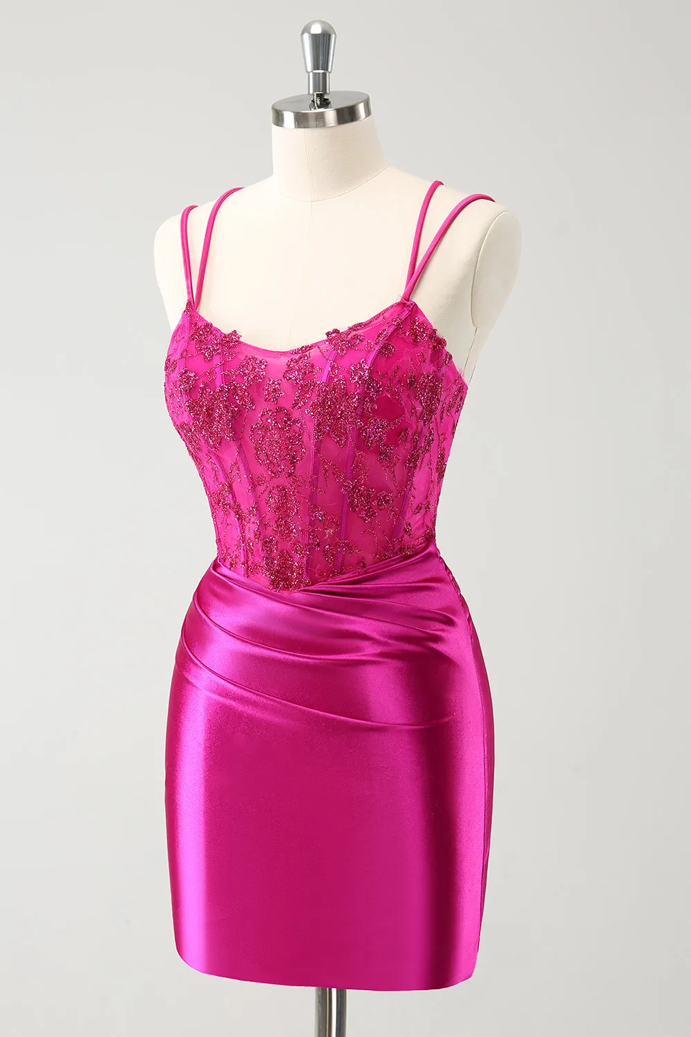 Glitter Fuchsia Rushed Corset Short Tight Homecoming Dresses with Lace Up Back Party Dress