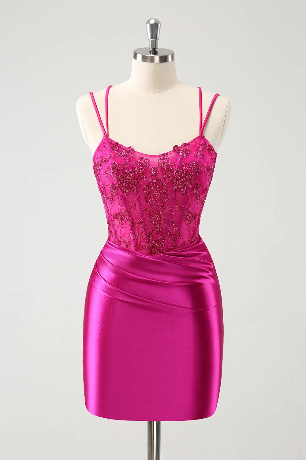 Glitter Fuchsia Rushed Corset Short Tight Homecoming Dresses with Lace Up Back Party Dress