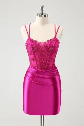 Glitter Fuchsia Rushed Corset Short Tight Homecoming Dresses with Lace Up Back Party Dress