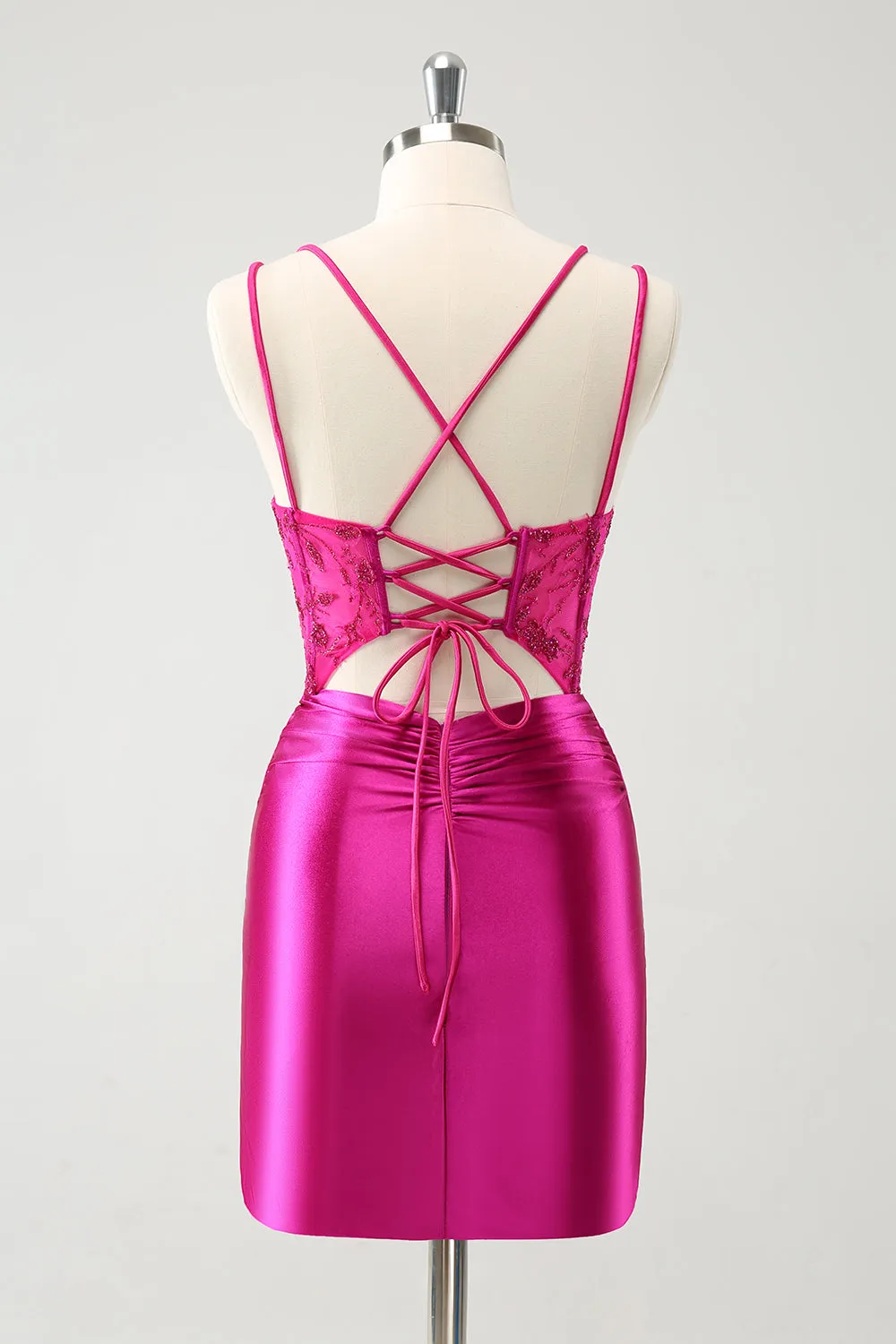 Glitter Fuchsia Rushed Corset Short Tight Homecoming Dresses with Lace Up Back Party Dress