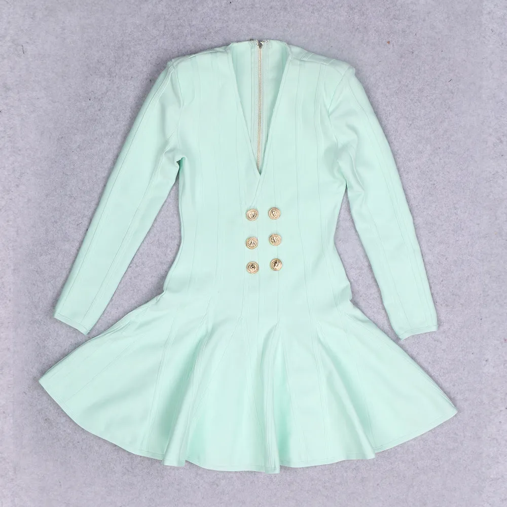 Green Long-Sleeved V Neck With Sexy Lion Buckle, Bandage Swing Dress