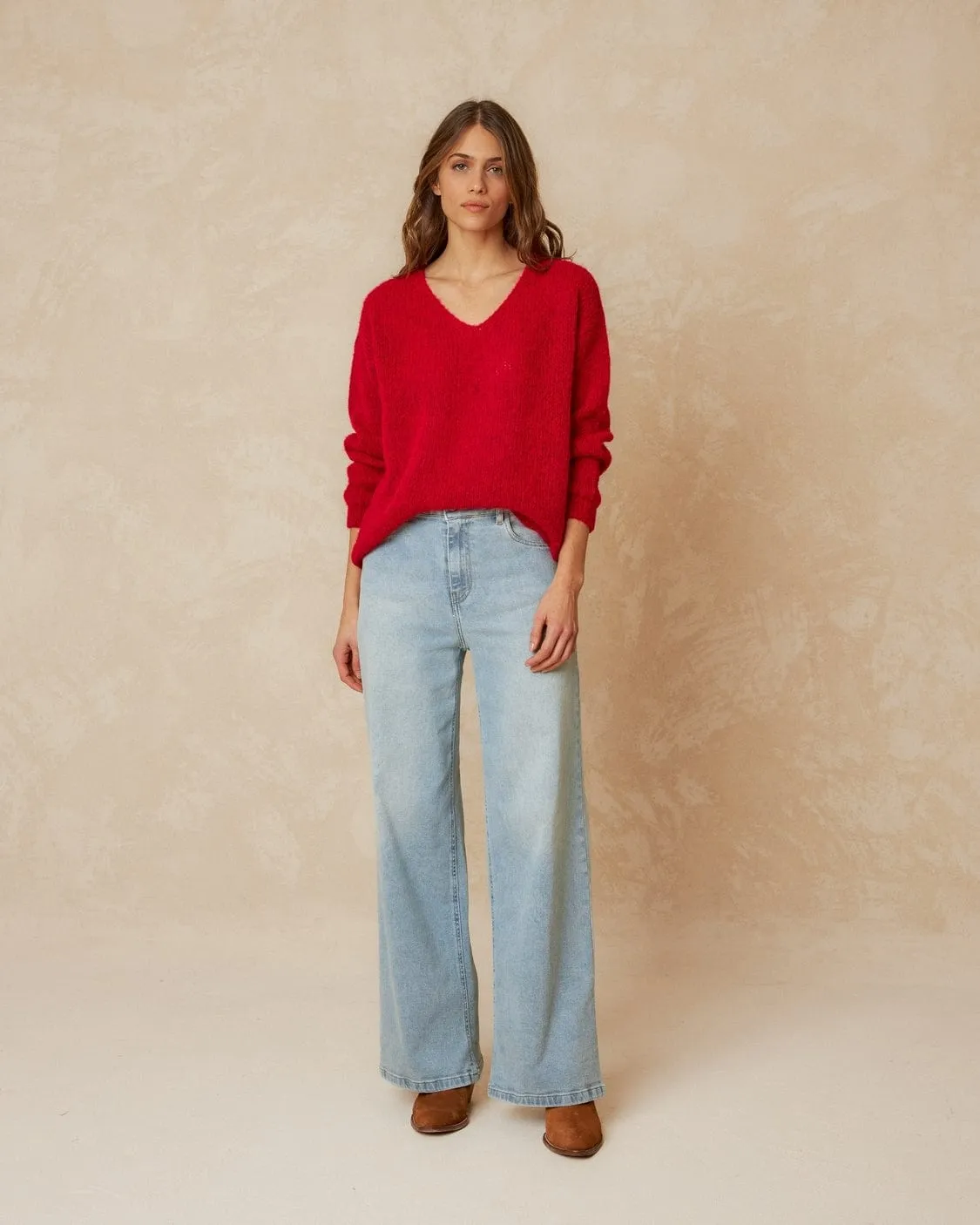 Indi & Cold Basic V Neck Sweater Rojo