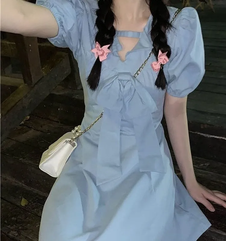 Kawaii Sweet Puff Sleeve Blue Short Dresses