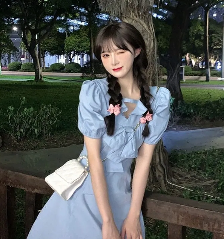 Kawaii Sweet Puff Sleeve Blue Short Dresses