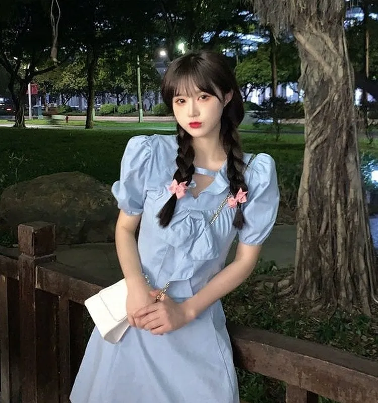 Kawaii Sweet Puff Sleeve Blue Short Dresses