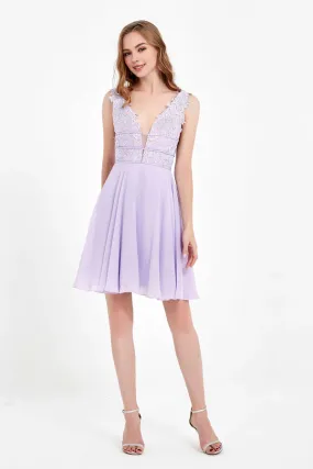 Lilac Elegant Wedding Guest Dresses Deep V-neck Chiffon with Applique Short Dress Bridesmaid Dresses