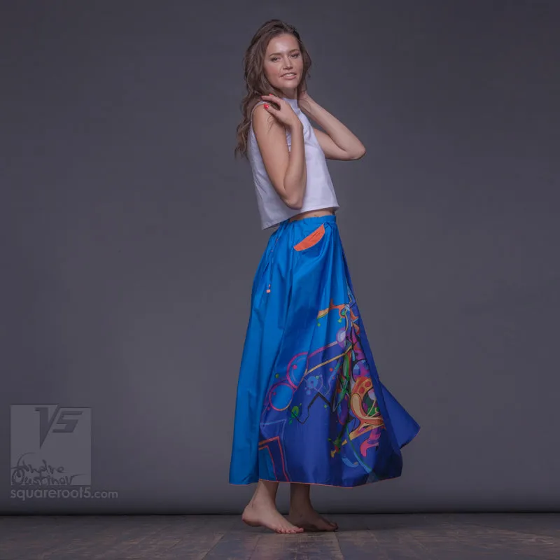 Long cotton skirt "Samurai Girl" model "Cosmic Cerulean"