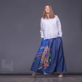 Long cotton skirt "Samurai Girl" model "Cosmic Dark Blue"
