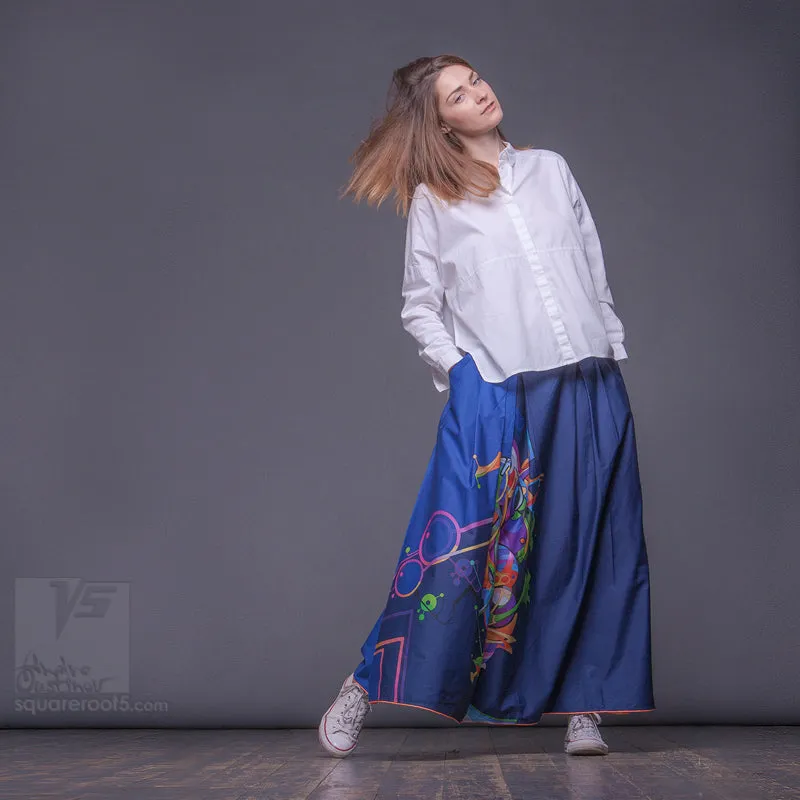 Long cotton skirt "Samurai Girl" model "Cosmic Dark Blue"