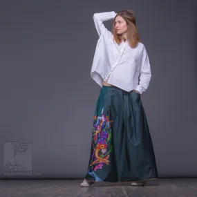 Long cotton skirt "Samurai Girl" model "Cosmic Emerald"